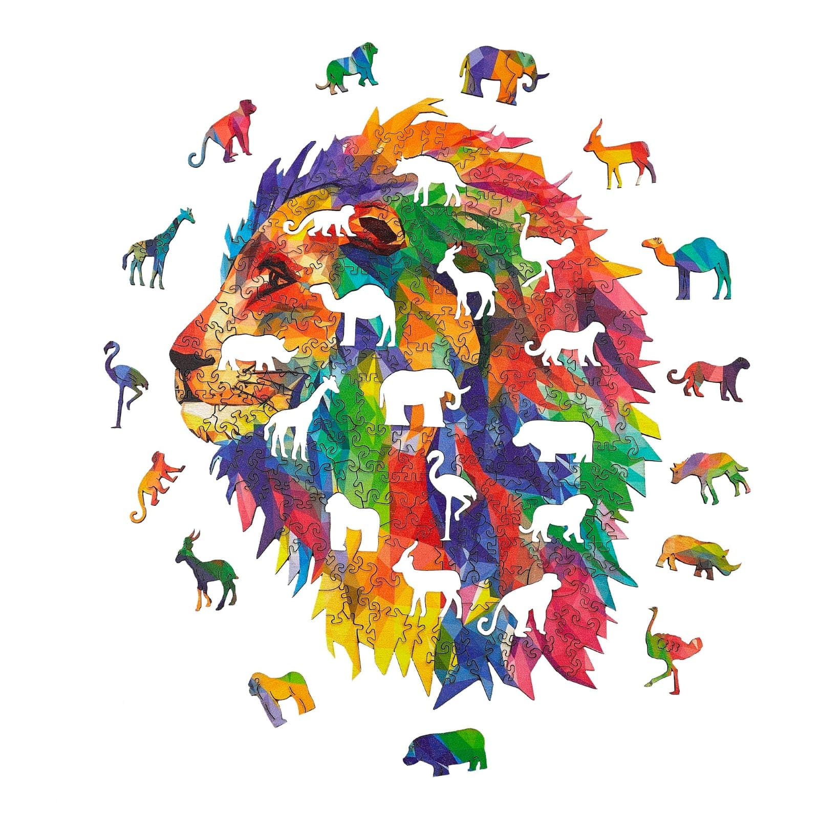 Colorful lion head wooden puzzle with small animal pieces on a white background