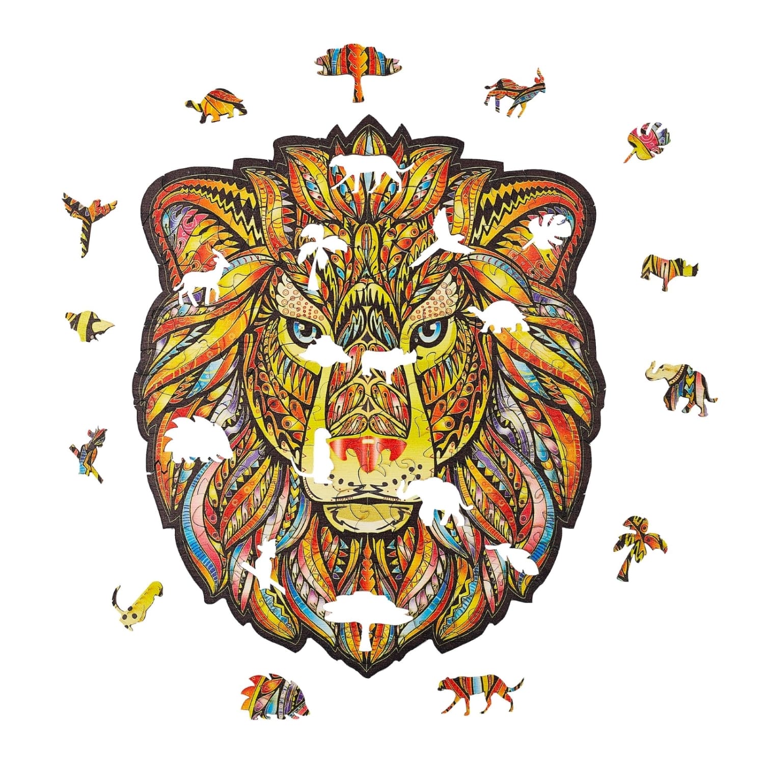 Colorful lion head design with small animals around on a white background wooden jigsaw puzzle