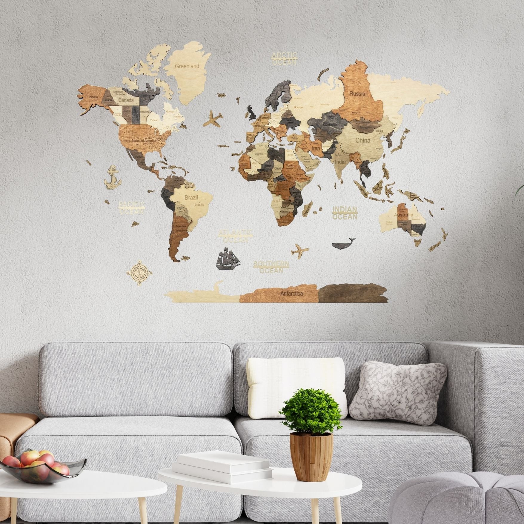 3D Wooden World Map Multicolor