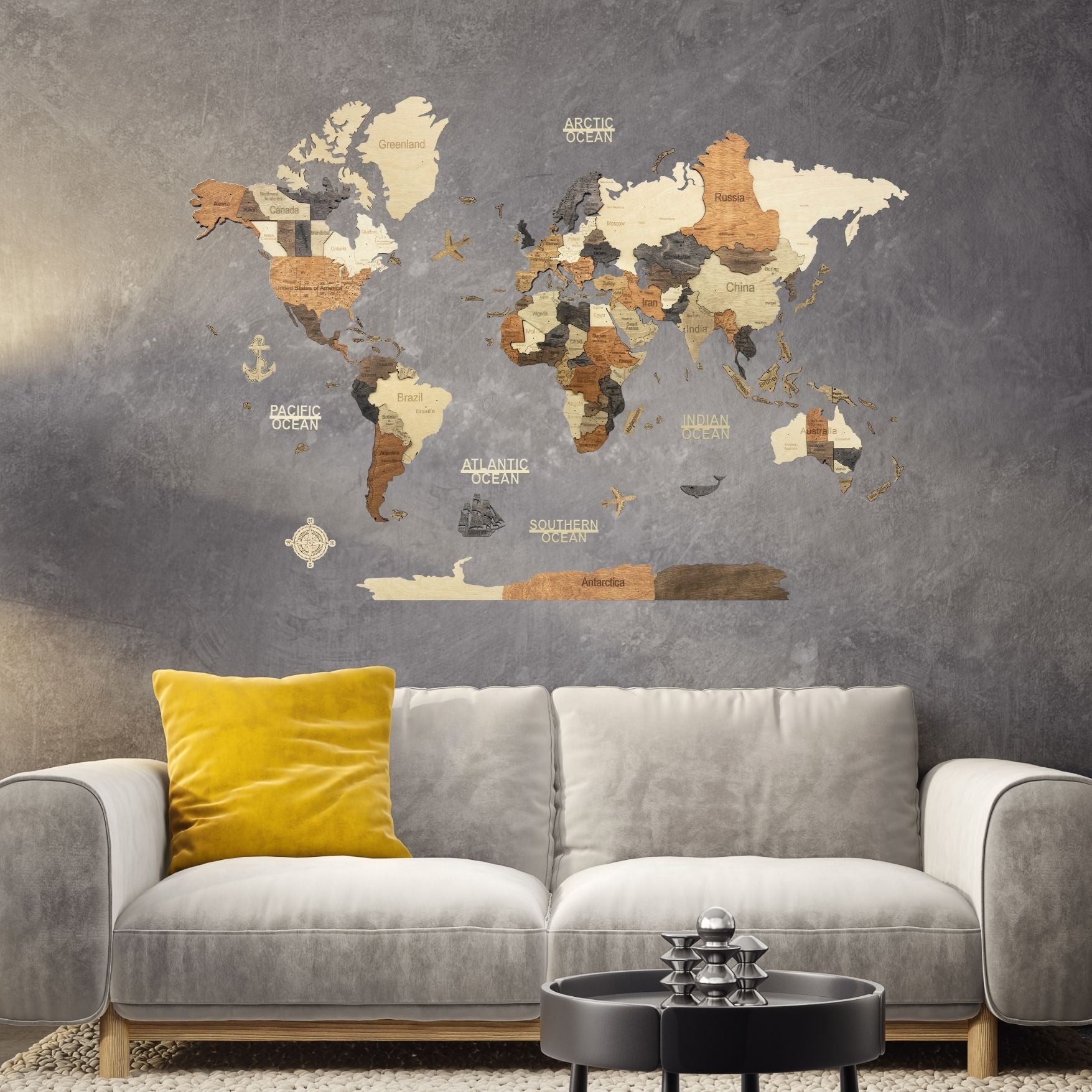 3D Wooden World Map Multicolor