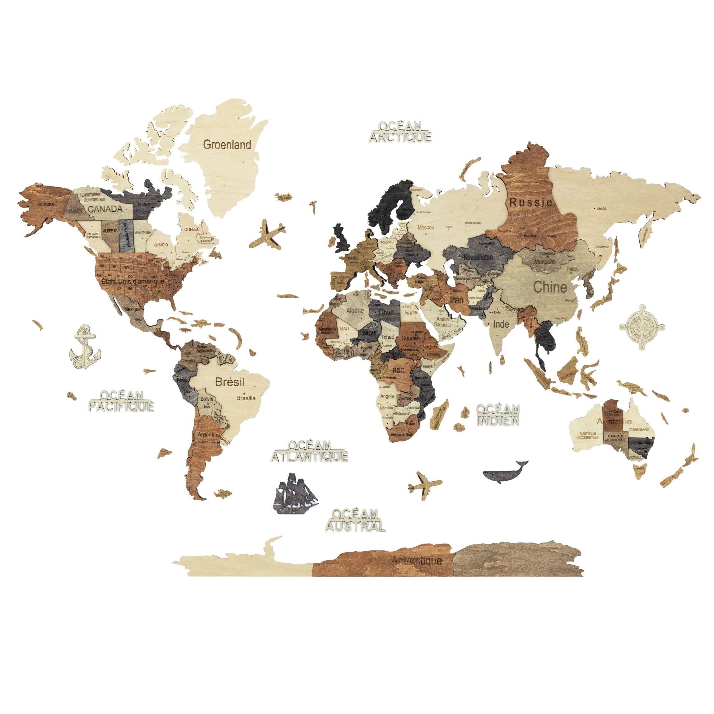 3D wooden world map Multicolor