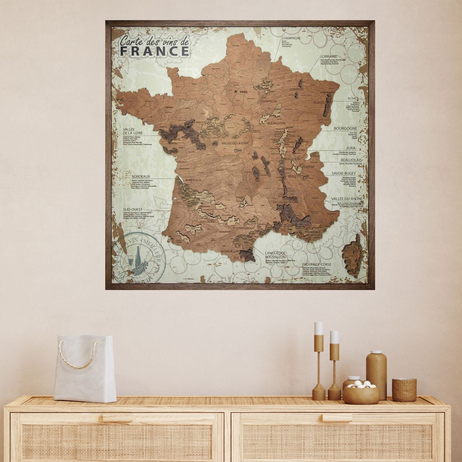 Tableau Carte des vins de France sur panneau blanc