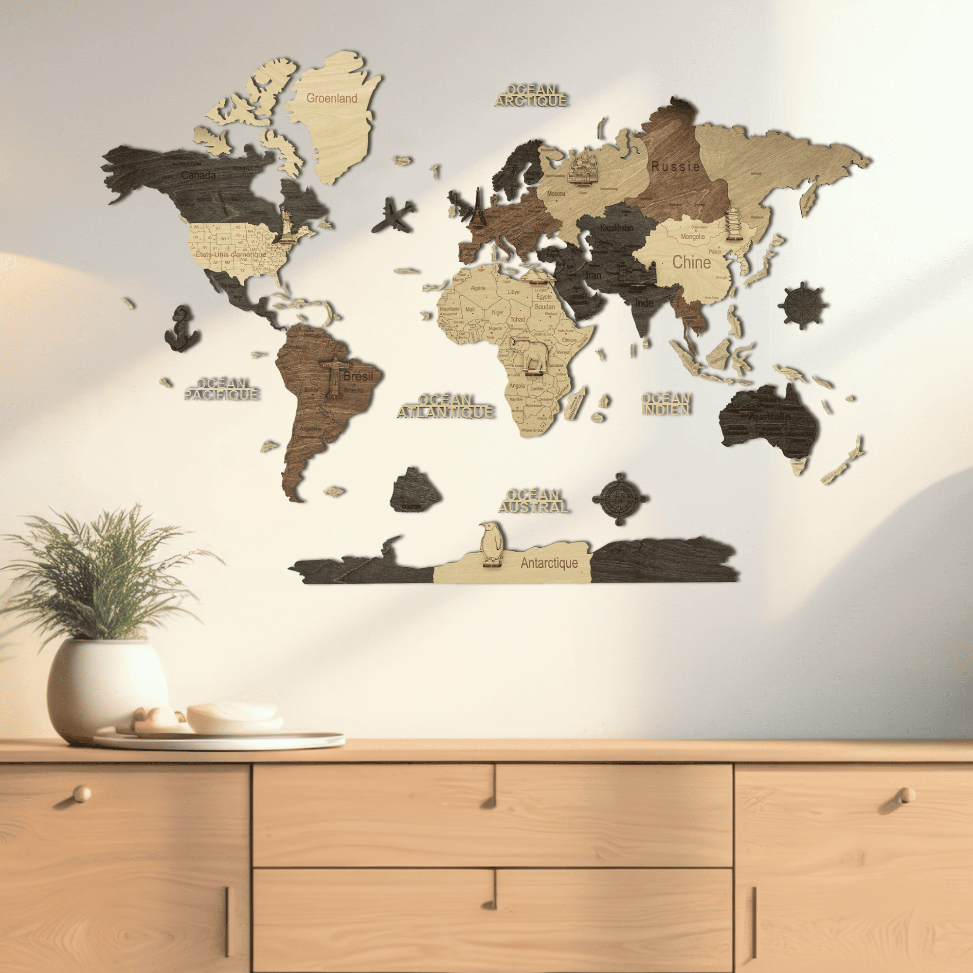 2D Multicolor wooden world map