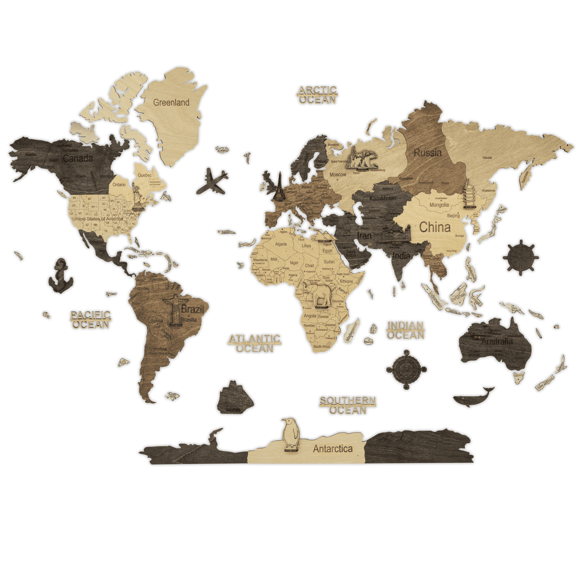 2D Multicolor wooden world map