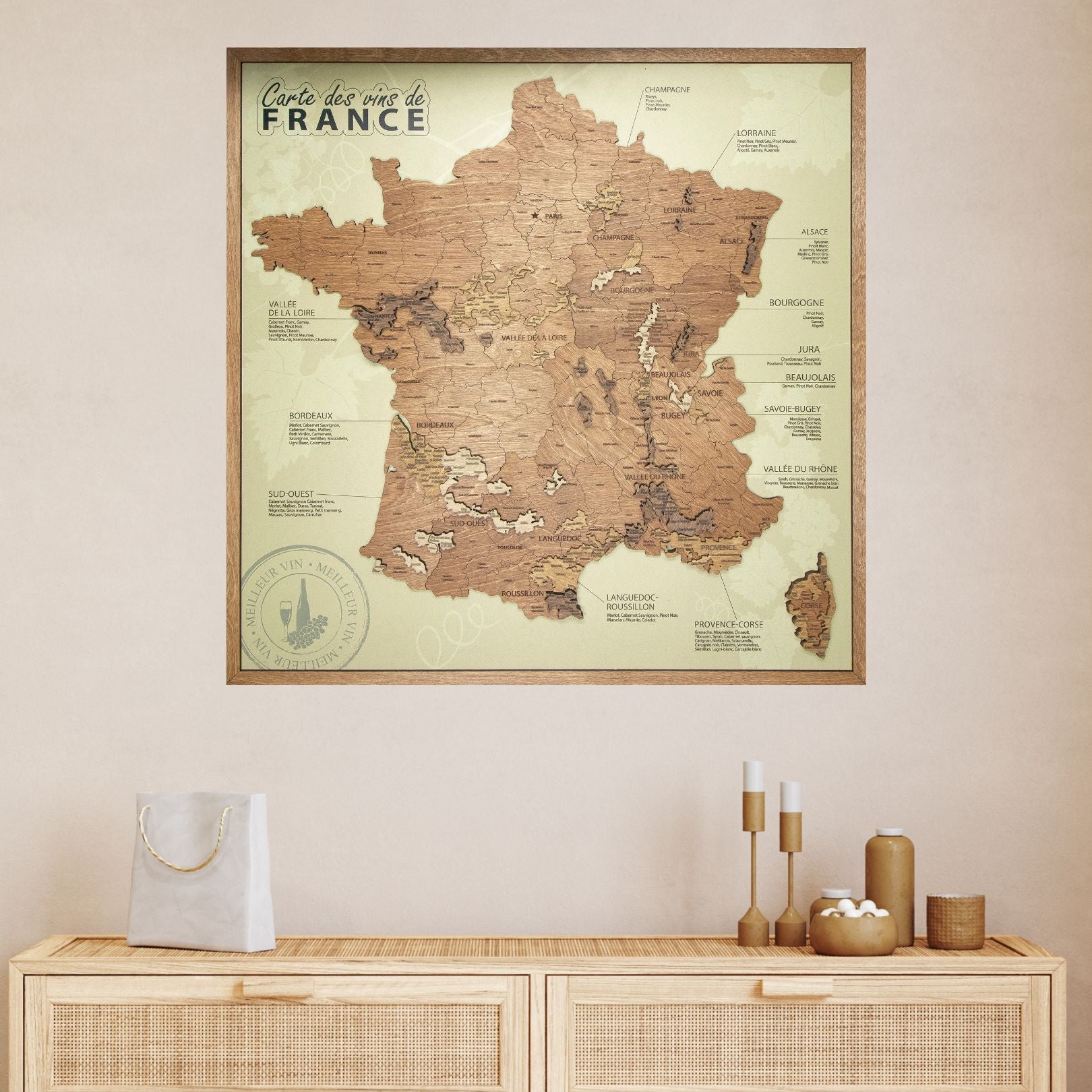 Tableau Carte des vins de France sur panneau beige