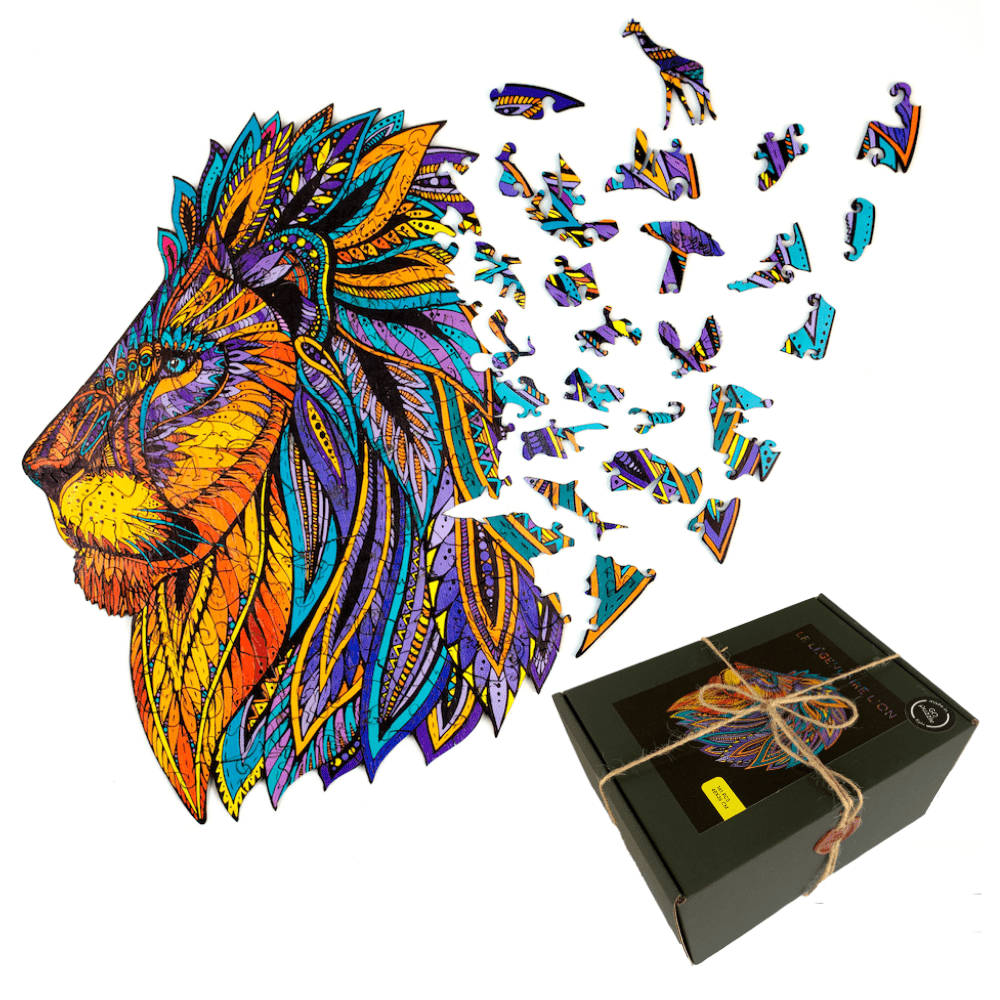 Colorful lion wooden puzzle with pieces scattered and a box on a white background #Box_Cardboard box