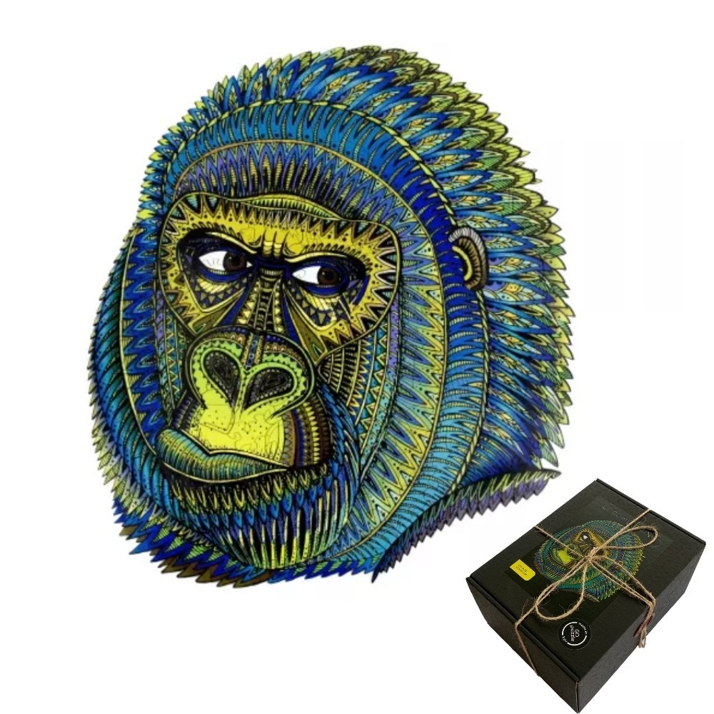 Decorative wall art jigsaw puzzle of a monkey head with blue and green patterns, accompanied by a matching box #Box_Cardboard box