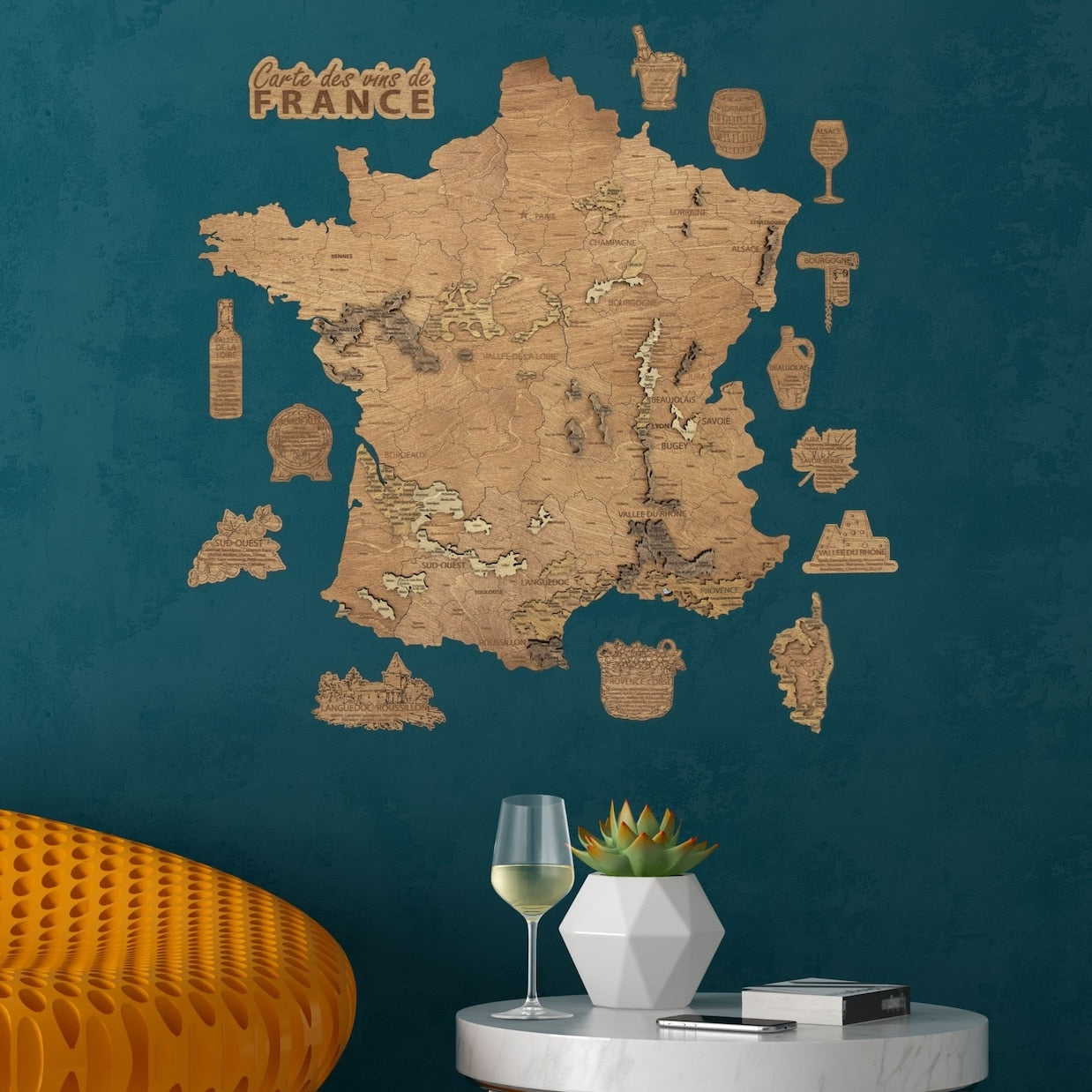 Wooden wine map of France ( 58*58 cm)