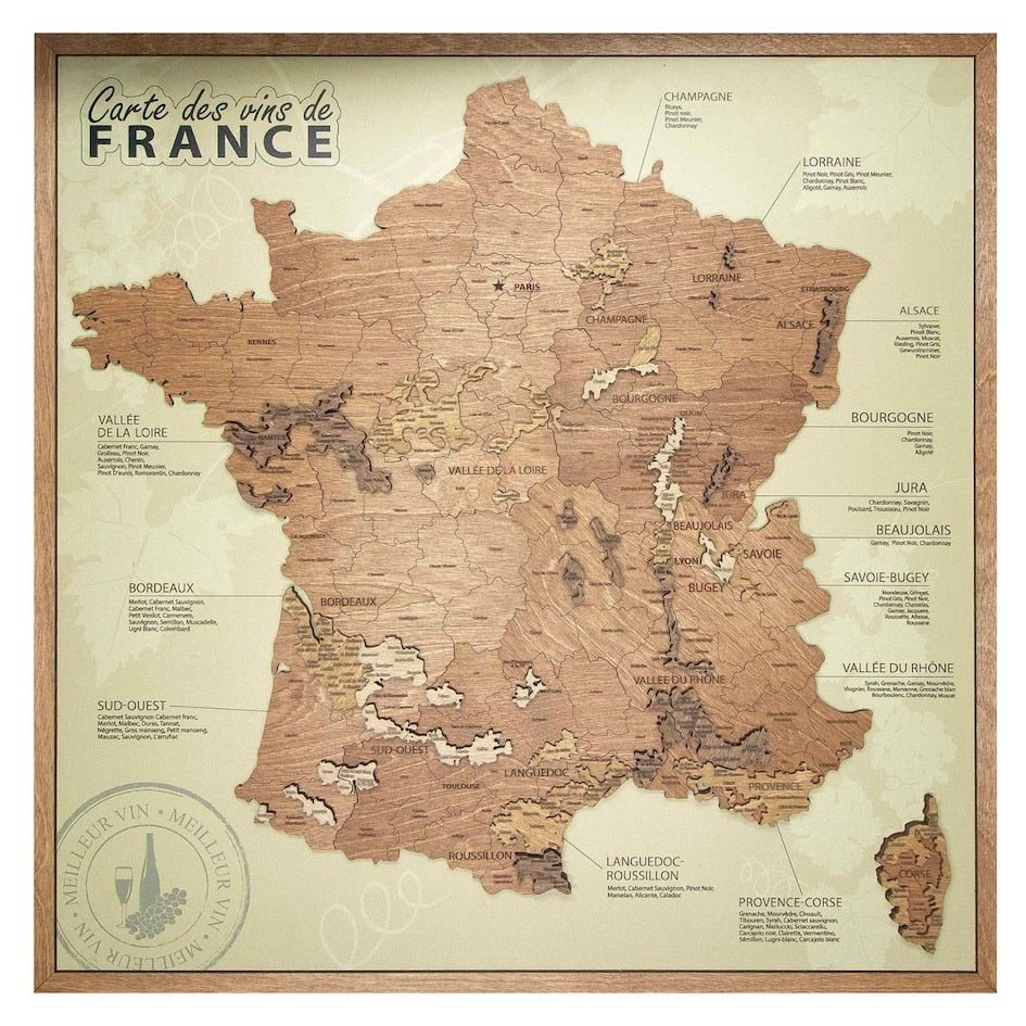 France Wine Map on Beige Panel