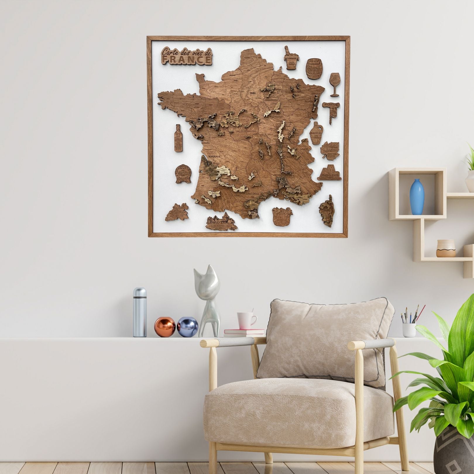 Wooden wine map of France ( 58*58 cm)