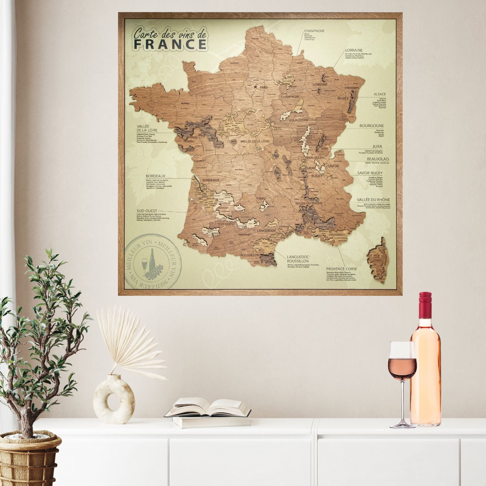 Tableau Carte des vins de France sur panneau beige