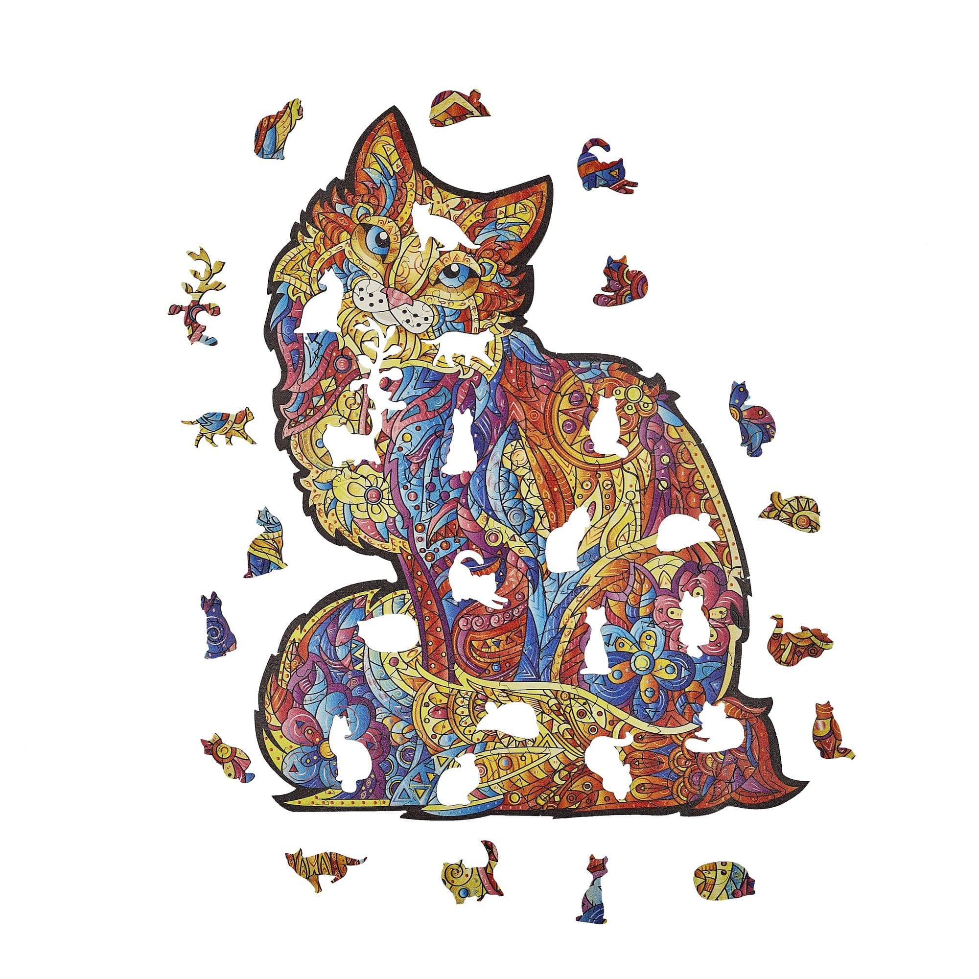 Colorful cat-shaped wooden jigsaw puzzle on a white background
