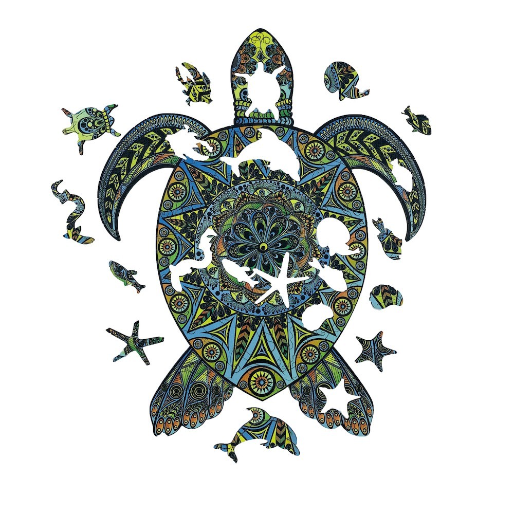 Colorful turtle design wooden puzzle with intricate patterns on a white background