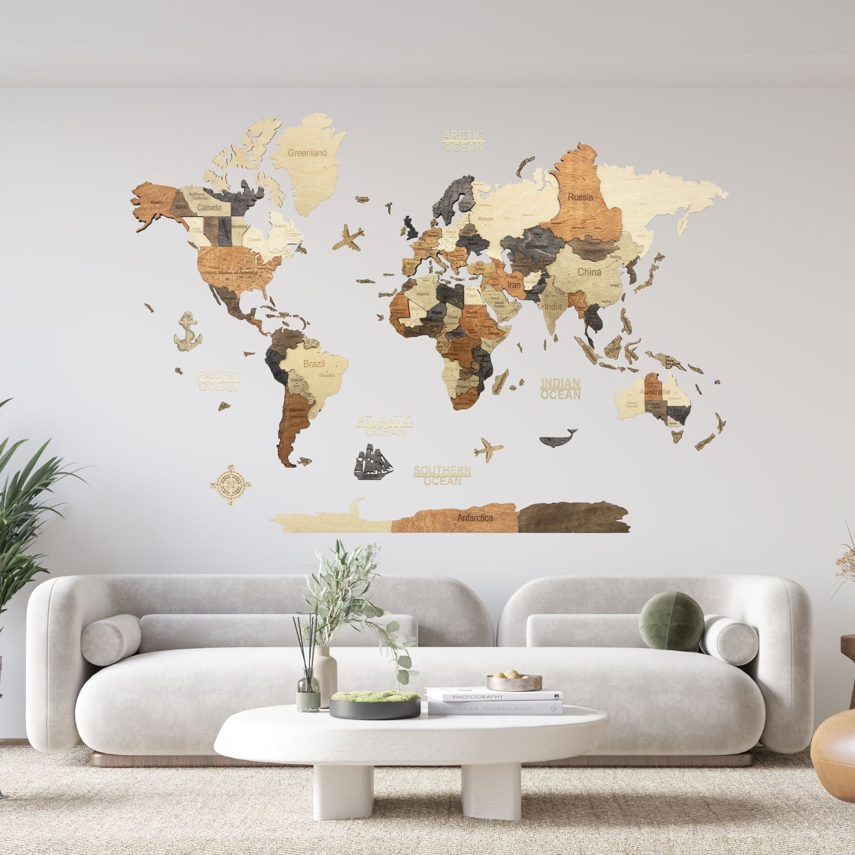 3D Wooden World Map Multicolor