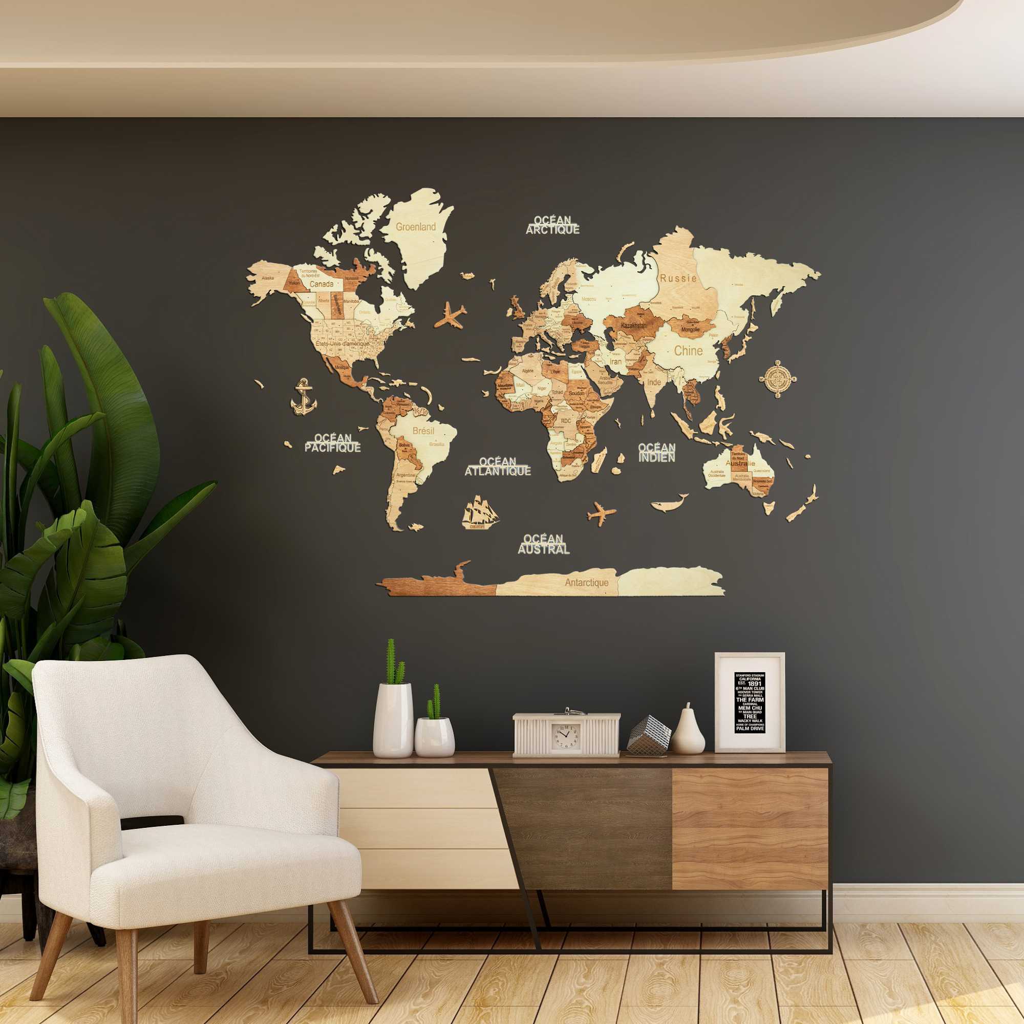 3D Wooden World Map Amber