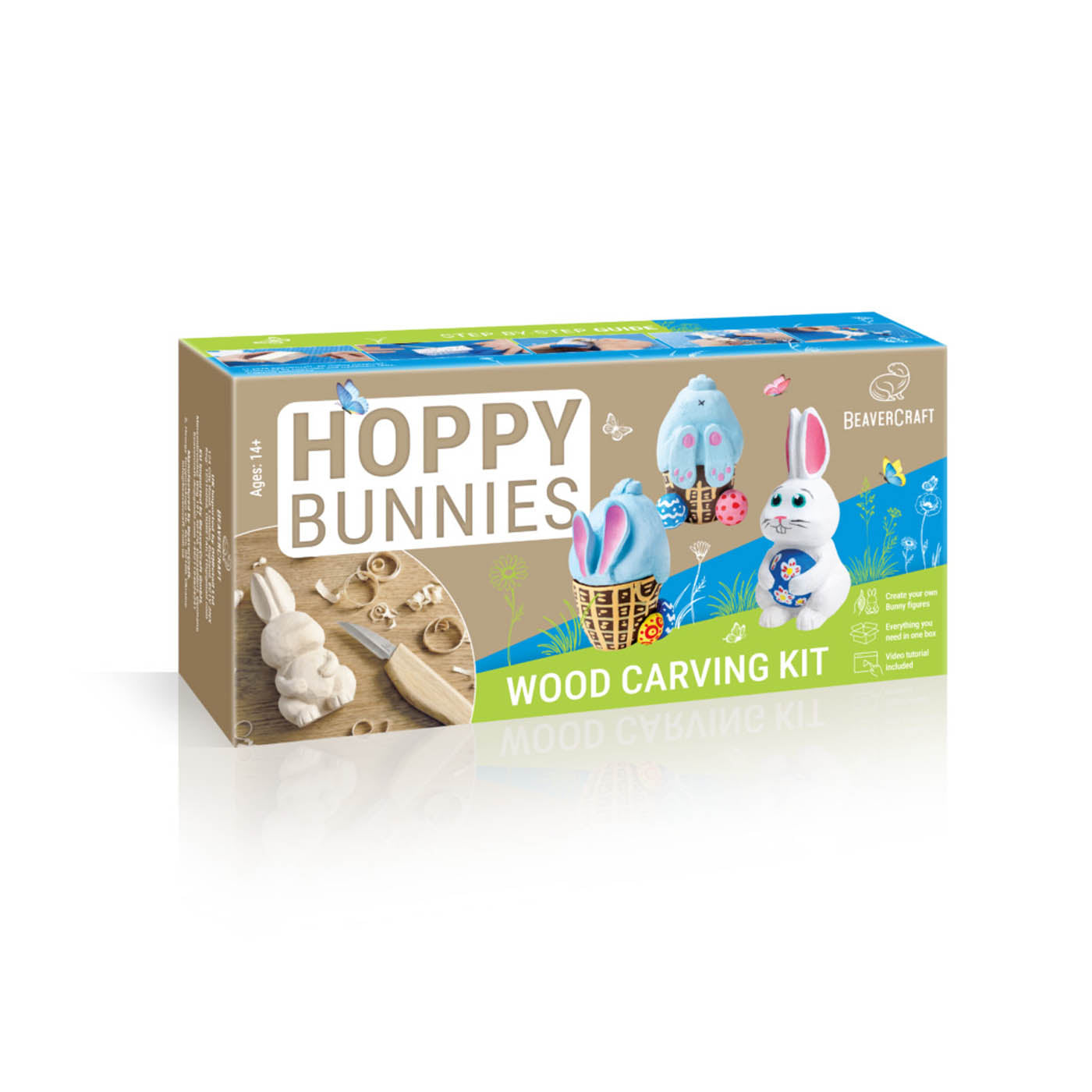 A boxed craft kit labeled 'Hoppy Bunnies Wood Carving Kit' shown on a clean white background. The packaging is tan and blue with bunny and bird illustrations and a small carved wooden bunny visible on the front.