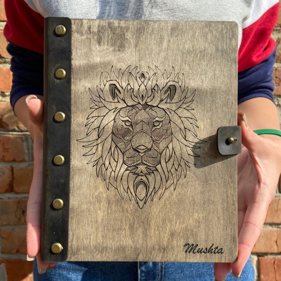 Leather bound wooden notebook Lion