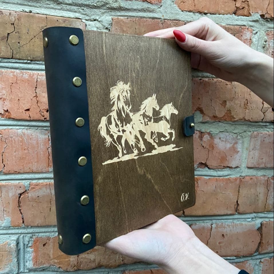 Leather-bound wooden notebook Horses