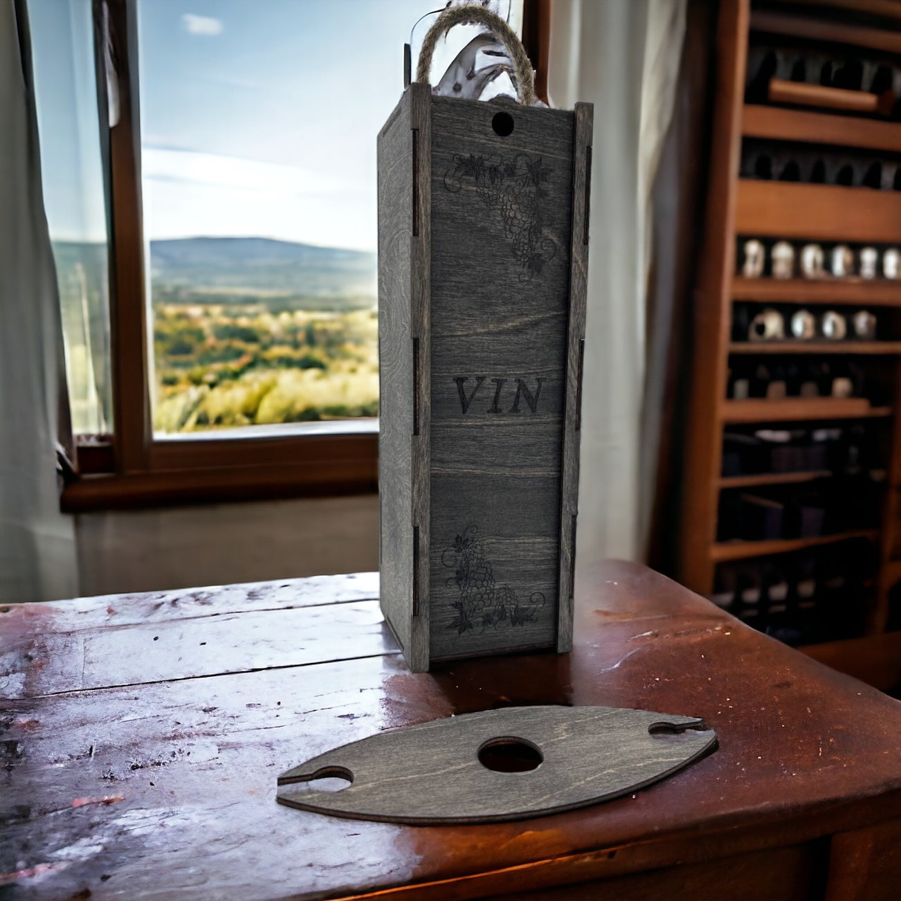 Wooden wine box with rope "Grape"