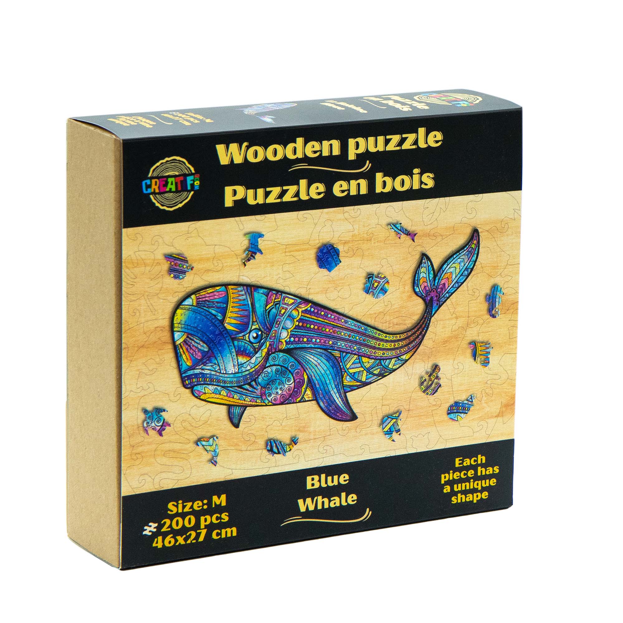 A wooden jigsaw puzzle box for children, featuring a colorful blue whale illustration on a light wood-grain background with black borders at the top and bottom. The box reads 'Wooden puzzle Puzzle en bois' and 'Blue Whale' #Box_Cardboard box